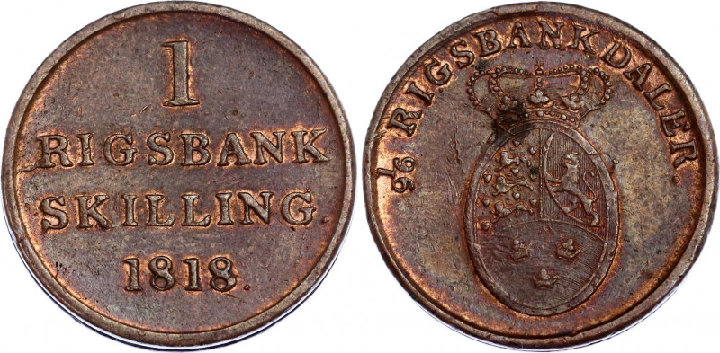 Denmark 1 Rigsbankskilling 1818
KM# 688; N# 23612; Copper; Frederick VI; XF-AUN...