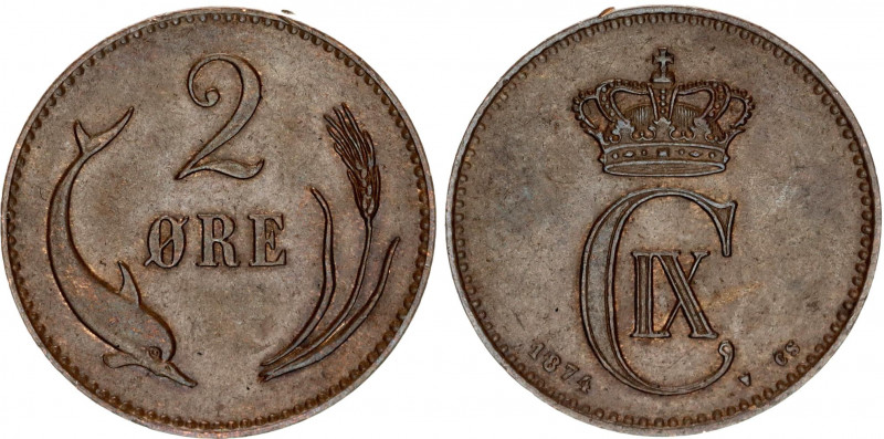 Denmark 2 Ore 1874 CS
KM# 793.1, N# 4140; Bronze; Christian IX; XF