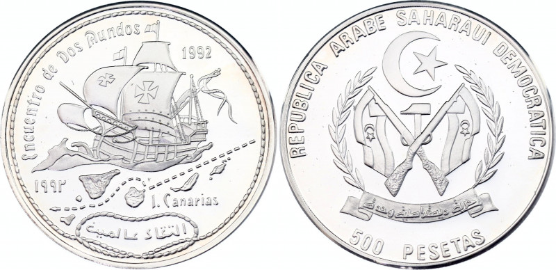 Western Sahara 500 Pesetas 1992
KM# 9.1; Silver., Proof; Meeting of Two Worlds ...