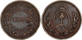 Argentina Buenos Aires 1 Decimo de Real 1822
KM# 1, CJ# 1-2; N# 4089; Copper; VF