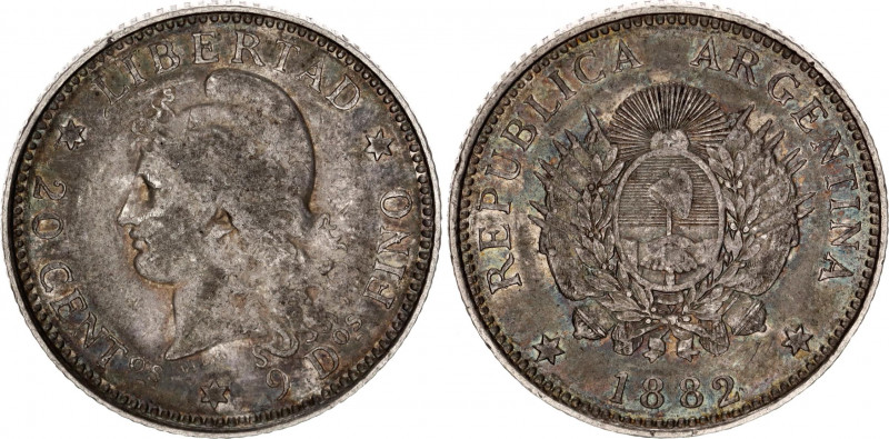 Argentina 20 Centavos 1882
KM# 27; N# 8160; Silver; XF Toned