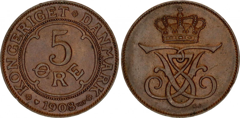 Denmark 5 Ore 1908 VBP GJ
KM# 806; Frederik VIII; AUNC