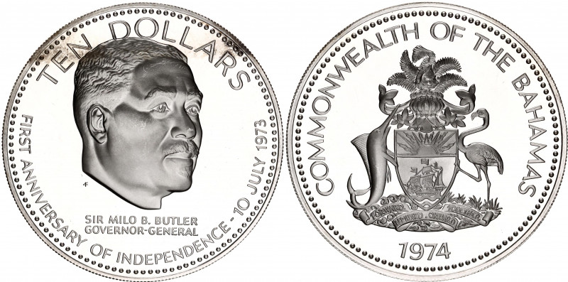 Bahamas 10 Dollars 1976
KM# 76a; Silver., Proof; Independence of the Bahamas