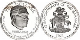 Bahamas 10 Dollars 1976
KM# 76a; Silver., Proof; Independence of the Bahamas