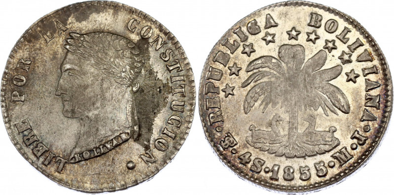 Bolivia 4 Soles 1855 PTS MJ Planchet Defect Error
KM# 123; N# 23934; Silver; UN...