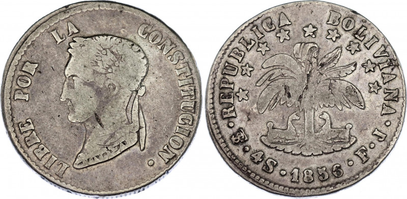 Bolivia 4 Soles 1856 PTS FJ
KM# 123; N# 23934; Silver; Simon Bolivar; VF