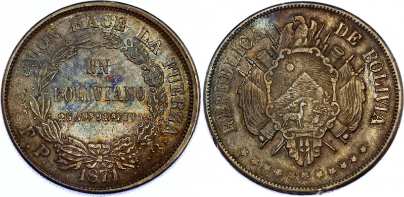 Bolivia 1 Boliviano 1871 PTS FP Die Crack
KM# 155.3; Line and dot under "MS" an...