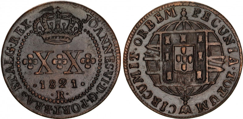 Brazil 20 Reis 1821 R
KM# 316.1; Cross on crown; Copper; John VI the Clement; X...