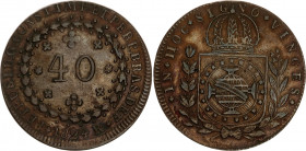 Brazil 40 Reis 1824 R
KM# 363.1; N# 22119; Copper; Pedro I; Mint: Rio de Janeiro; XF-