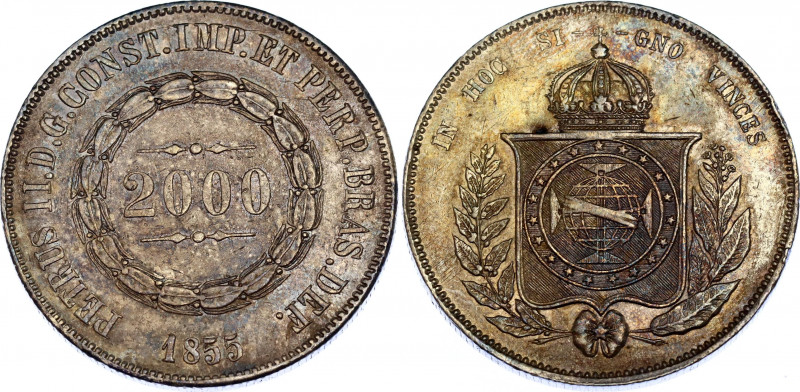 Brazil 2000 Reis 1855
KM# 466; Silver; Pedro II; XF with nice toning