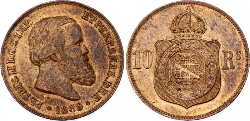 Brazil 10 Reis 1869
KM# 473; With point after 'RS'; Pedro II; XF