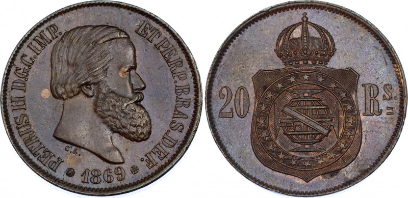 Brazil 20 Reis 1869
KM# 474; With dot; Pedro II; UNC