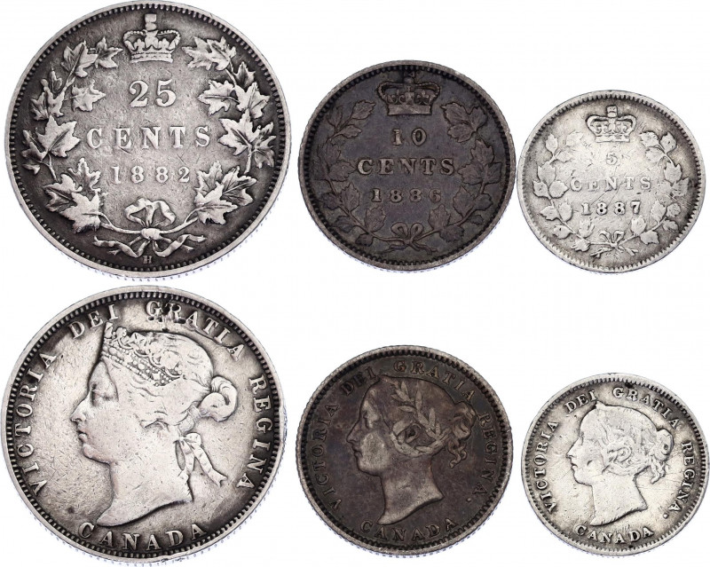 Canada 5, 10 & 25 Cents 1882 - 1887
N# 420; N# 393; N# 376; Silver; Victoria; V...