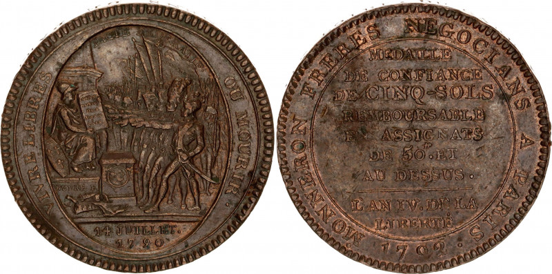 France Monneron Freres 5 Sols 1792 Token
KM# Tn31; Copper 29.95 g., 39 mm; by F...