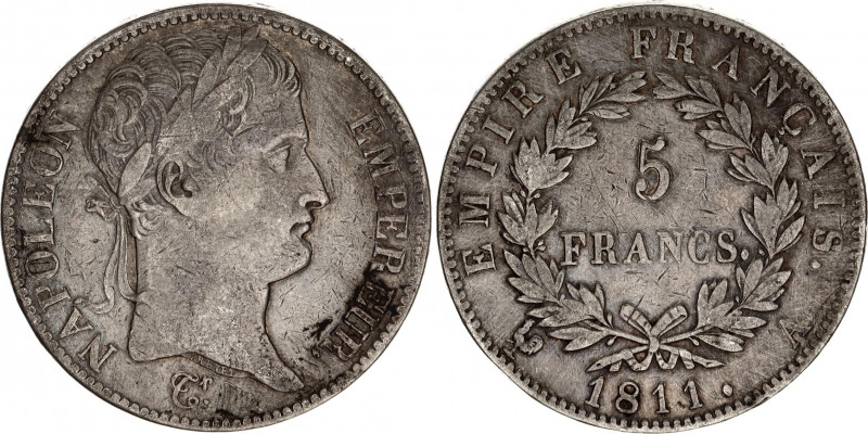 France 5 Francs 1811 A
KM# 694.1; N# 2108; Silver; Napoleon I; Mint: Paris; VF ...