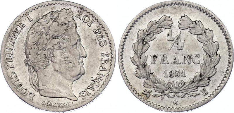 France 1/4 Franc 1831 B
KM# 740.2; F# 166, Gad# 355; N# 8206; Silver; Louis Phi...