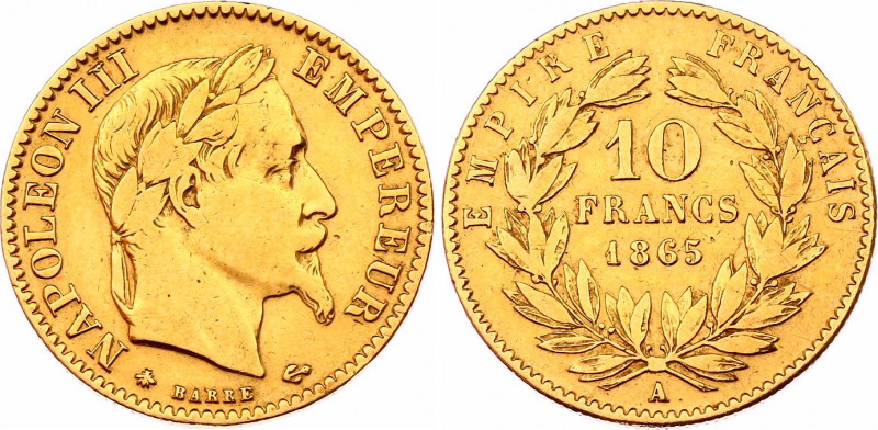 France 10 Francs 1865 A
KM# 800.1; N# 6929; Gold (.900) 3.23 g.; Napoleon III; ...