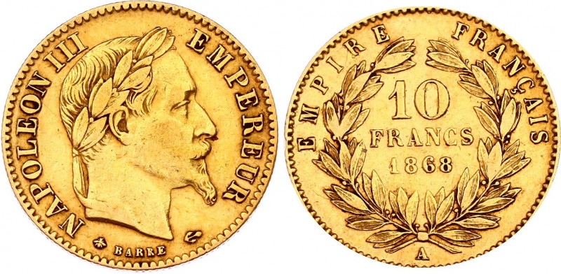 France 10 Francs 1868 A
KM# 800.1; N# 6929; Gold (.900) 3.23 g.; Napoleon III; ...