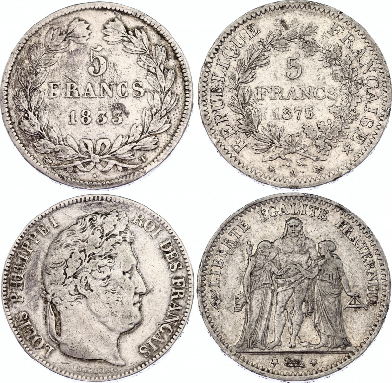 France Lot of 5 Francs 1833 - 1875
N# 3653; N# 1187; Silver; VF-VF