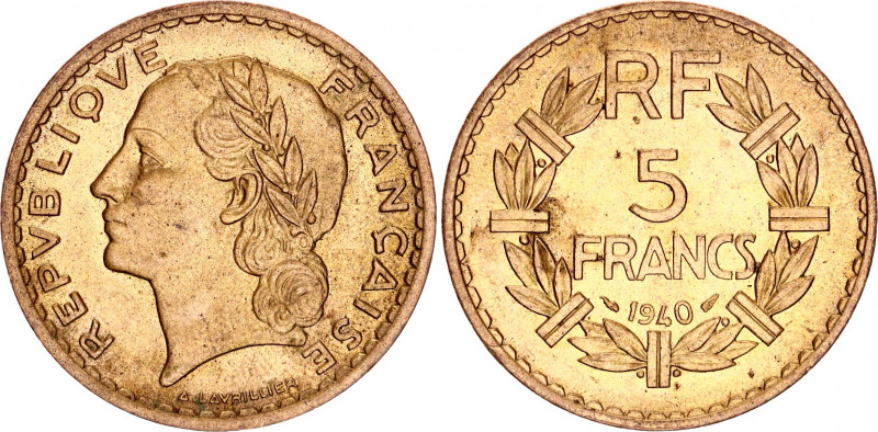 France 5 Francs 1940
KM# 888a.1; F# 337, Gad# 761; N# 1189; Aluminium-bronze; A...