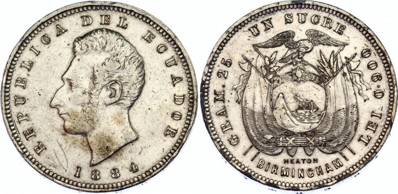 Ecuador 1 Sucre 1884 HEATON
KM# 53.1; Silver; XF with nice luster