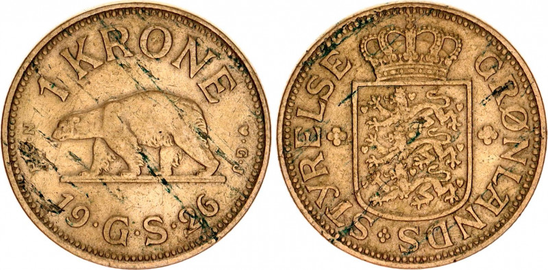 Greenland 1 Krone 1926 HCN GJ
KM# 8; N# 6962; Aluminium-Bronze; Christian X; Mi...