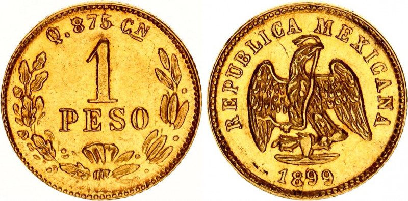 Mexico 1 Peso 1899 Cn Q
KM# 410.2; Gold (.875); Mintage 2000 Pcs; AUNC