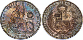 Peru 1 Sol 1871 YJ Overstrike
KM# 196.3; Silver; UNC with amazing toning
