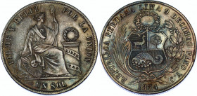 Peru 1 Sol 1874 YJ Flan Defect Error
KM# 196.3; Silver; UNC with amazing toning