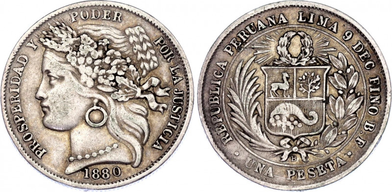 Peru 1 Peseta 1880 BF
KM# 200.1; Silver; XF Toned