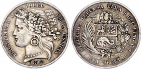 Peru 1 Peseta 1880 BF
KM# 200.1; Silver; XF Toned
