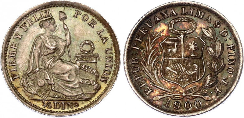 Peru 1/2 Dinero 1900
KM# 206; N# 5413; Silver; Mint luster; patina; UNC