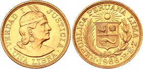 Peru 1 Libra 1966 ZBR
KM# 207; N# 46644; Gold (.917) 7.99 g.; Trade Coinage; Mint: Lima; UNC
