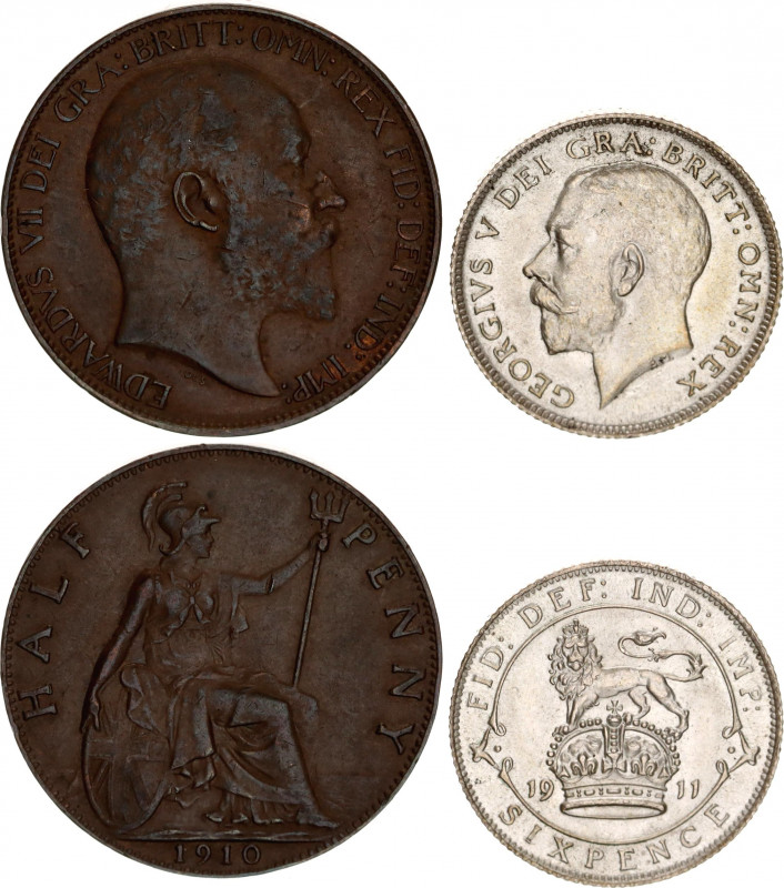 Great Britain 1/2 Penny & 6 Pence 1910 - 1911
KM# 793, 815; With Silver; Edward...