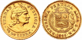 Peru 1/5 Libra 1966 ZBR
KM# 210; N# 25403; Gold (.917) 1.60 g.; Trade Coinage; Mint: Lima; XF-AUNC