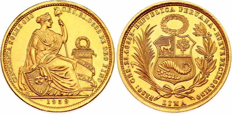 Peru 50 Soles Oro 1959
KM# 230; N# 46427; Gold (.900) 23.41 g.; UNC
