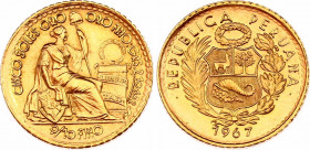 Peru 5 Soles Oro 1967
KM# 235; N# 46641; Gold (.900) 2.34 g.; AUNC
