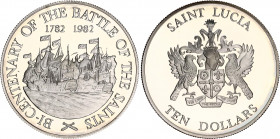 Saint Lucia 10 Dollars 1982 with Original Case
KM# 12a, Schön# 2a; N# 53837; Silver; Elizabeth II; 200th Anniversary of the Battle of the Saints; Min...