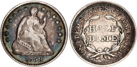 United States 1/2 Dime 1858 Overstrike
KM# A62.2; Silver; "Seated Liberty Half Dime"; VF with nice toning