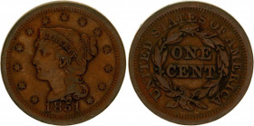 United States 1 Cent 1851
KM# 67; N# 982; Copper; "Liberty Head/Braided Hair Cent"; MInt: Philadelphia; XF-
