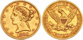 United States 5 Dollars 1880
KM# 101; N# 18809; Gold (.900) 8.36 g.; "Liberty / Coronet Head - Half Eagle" with Motto; Mint: Philadelphia; XF-AUNC