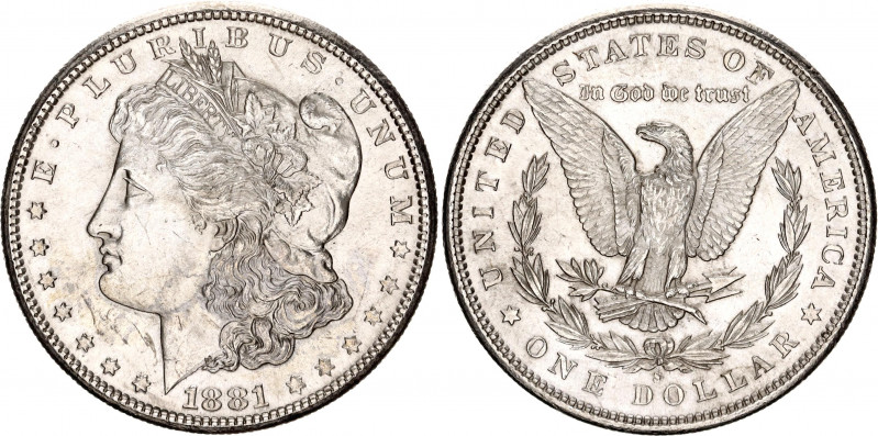 United States 1 Dollar 1881 S
KM# 110; Silver; "Morgan Dollar"; AUNC/UNC with f...