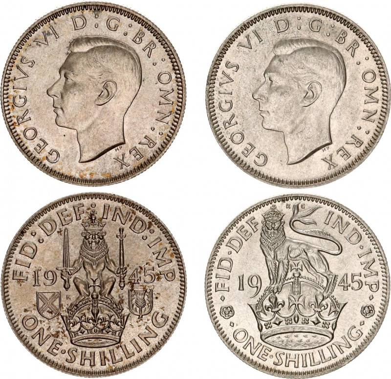 Great Britain 2 x 1 Shilling 1945
KM# 853 & 854; Sp# 4082 & 4083; Silver; Georg...