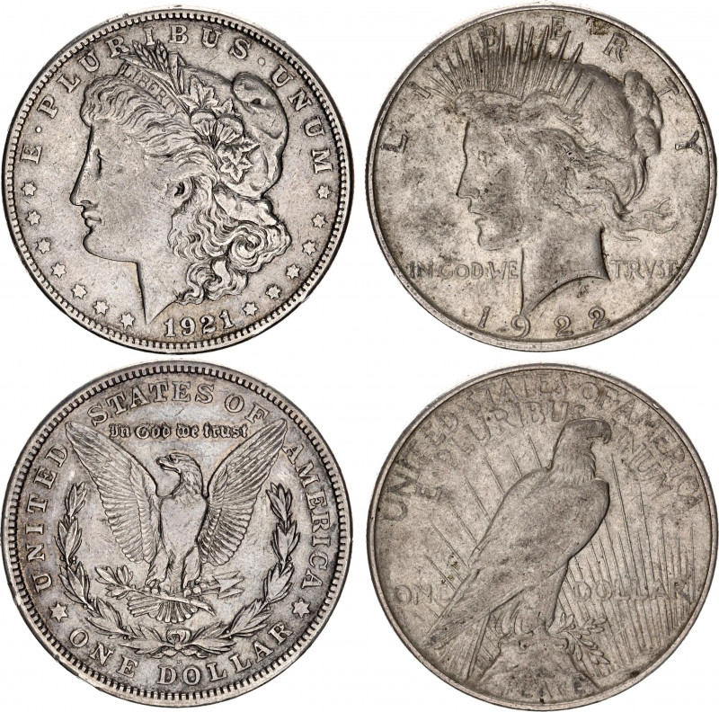 United States 2 x 1 Dollar 1921 S & 1922
KM# 110, 150; Silver; "Morgan Dollar &...