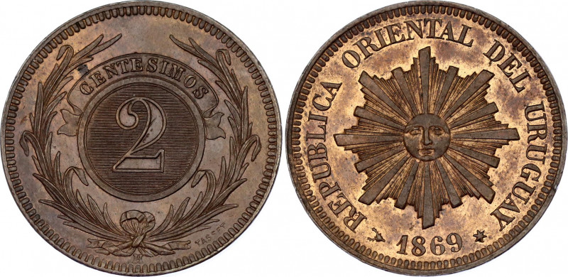 Uruguay 2 Centésimos 1869 H
KM# 12; SA# 19; Bronze; Mint: Heaton's Mint, Birmin...