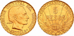 Uruguay 5 Pesos 1930
KM# 27; N# 50804; Gold (.917) 8.49 g.; Constitution Centennial; Mint: Paris; UNC