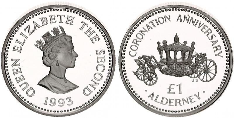 Guernsey Alderney 1 Pound 1993
KM# 4; Silver; Elizabeth II; 40th Anniversary of...