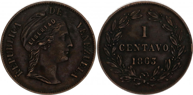 Venezuela 1 Centavo 1863
Y# 7; XF ; With old collector's package with the inscr...