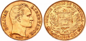 Venezuela 20 Bolivares 1912
Y# 32; N# 42581; Gold (.900) 6.45 g.; Mint: Paris; XF-AUNC