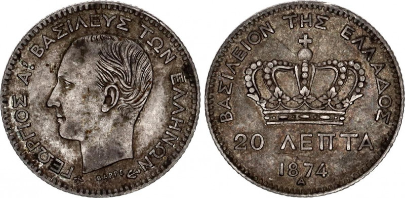 Greece 20 Lepta 1874 A
KM# 44; Silver; George I; XF